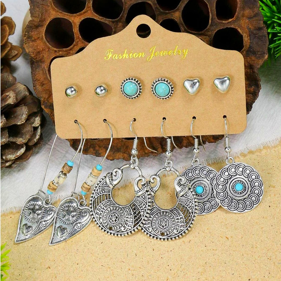 Boho Earring Set of 6 Silver Heart Turquoise Beaded Bohemian‎ Hoop Earrings - Picture 1 of 1